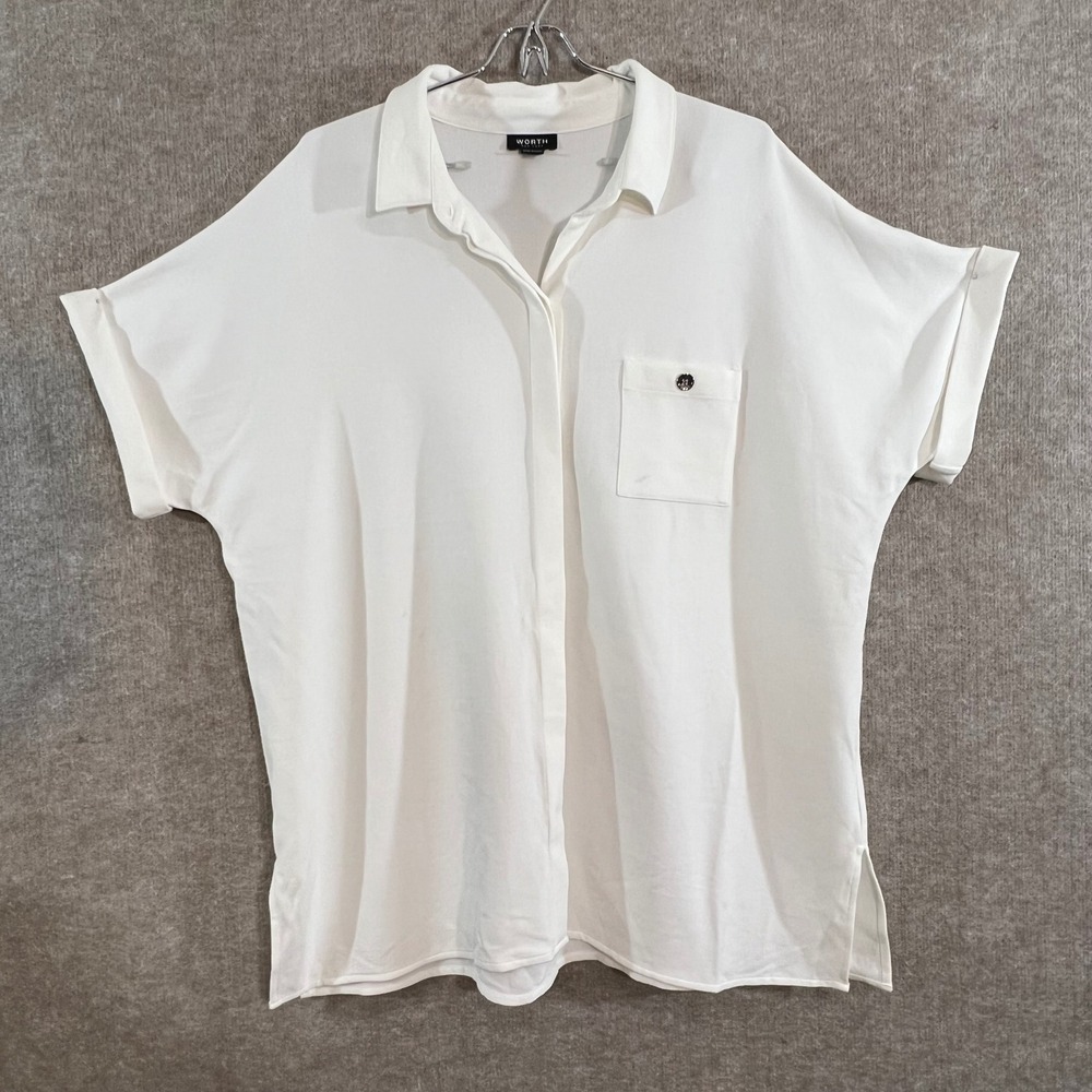 Worth New York Button Up Shirt Women XL Short Sleeve Rayon Blend Minimalist Read
